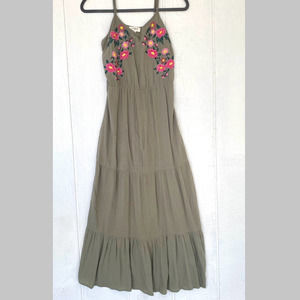 Umgee USA Maxi Dress S Green Pink‎ Flower Embroidered Adjustable Spaghetti Strap